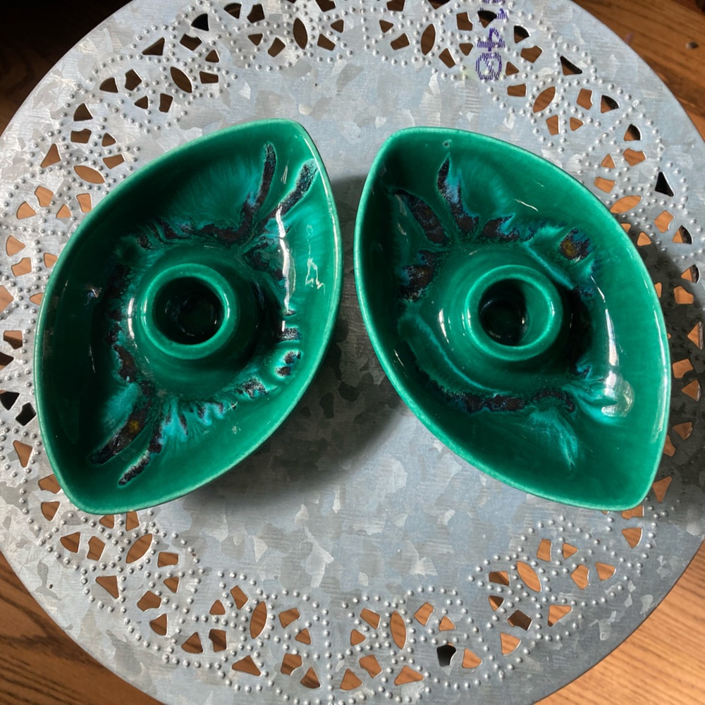 Set/2 Vintage Royal Haeger Leaf Candleholders R1746 Green/Celadon Drip Glaze MCM
